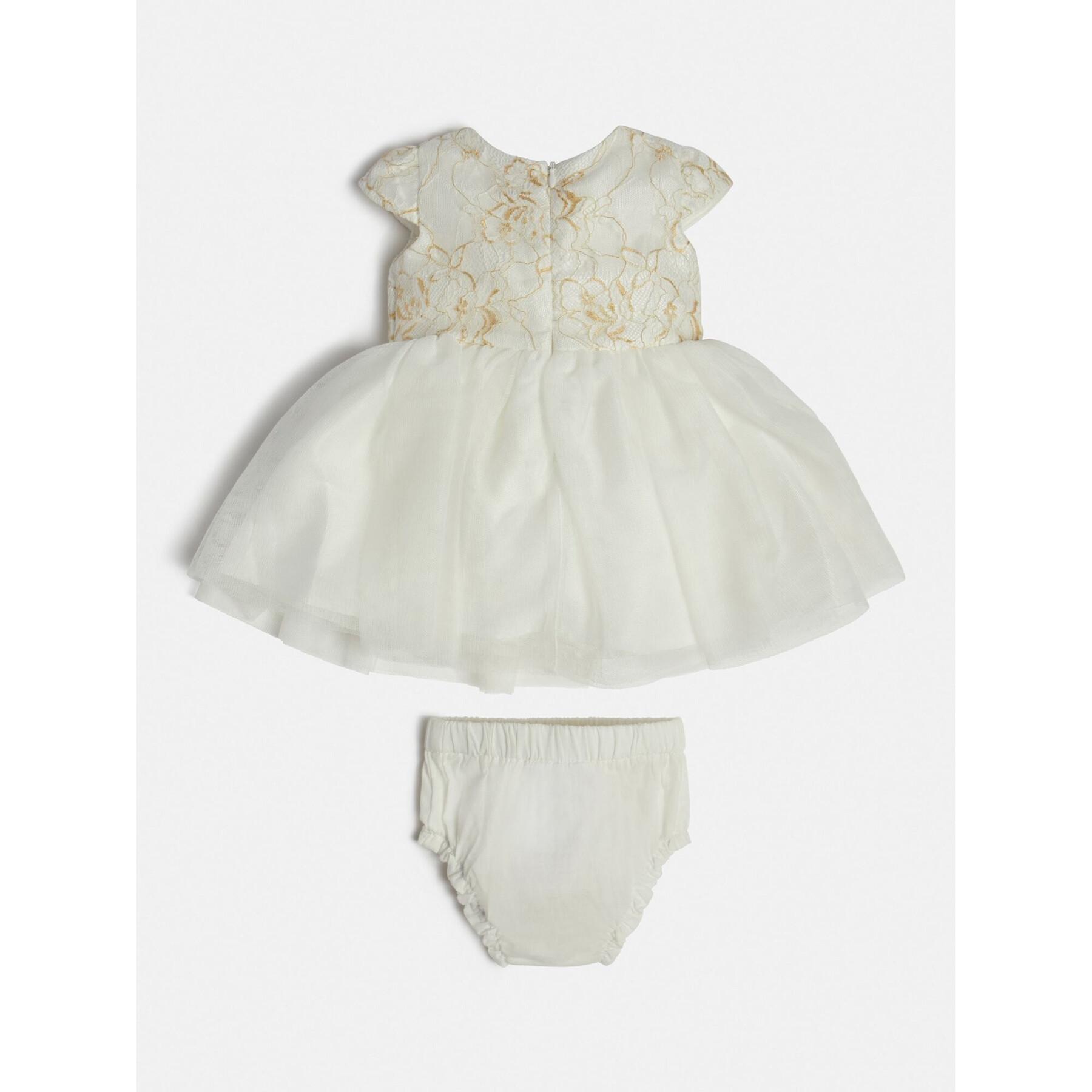 Ensemble robe tissu mélangé dentelle florale + culotte bébé fille Guess